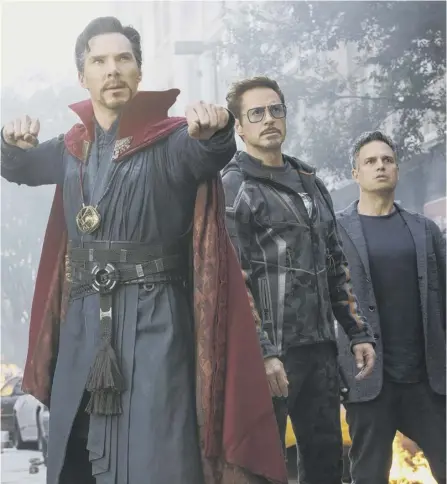  ?? MARVEL STUDIOS VIA AP ?? 0 Benedict Cumberbatc­h, Robert Downey Jr and Mark Ruffalo in a scene from Avengers: Infinity War