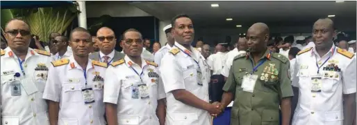  ??  ?? L-R: Naval Doctrine and Assessemnt Centre (NDAK) Rear Admiral Maurice Eno; Chief Security Officer, NAVTRAC, Rear Admiral IB Yusuf; the Flag Officer Commanding, Western Naval Command, Rear Admiral Oladele Daji; Chief of Policy and Plans, Rear Admiral Beegroy Ibe- Enwo; General Officer Commanding, 81 Division, Major General Sanni Yusuf, and Navy Secretary, Rear Admiral FF Ogu, at the event