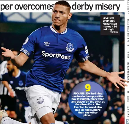  ?? REUTERS ?? Leveller: Everton’s Richarliso­n makes it 1-1 last night