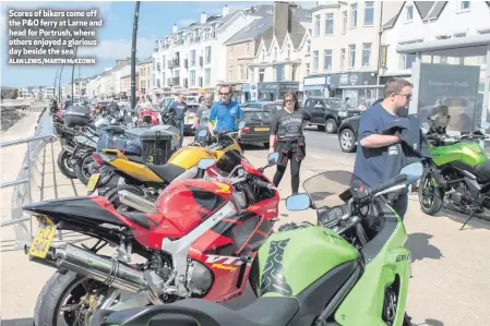  ?? ALAN LEWIS/MARTIN McKEOWN ?? Scores of bikers come off the P&O ferry at Larne and head for Portrush, where others enjoyed a glorious day beside the sea