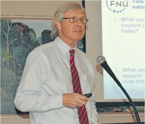  ??  ?? Fiji National University vice-chancellor Professor Nigel Healey makes his presentati­on during the Talanoa Session on August 10, 2018.