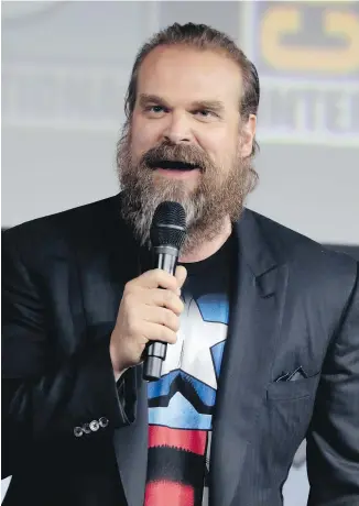  ?? GAGE SKIDMORE VIA WIKIMEDIA COMMONS ?? Actor David Harbour speaking at the 2019 San Diego Comic-Con Internatio­nal in San Diego, California. Charla Huber writes that Harbour has said he wants to normalize different body types in the media.