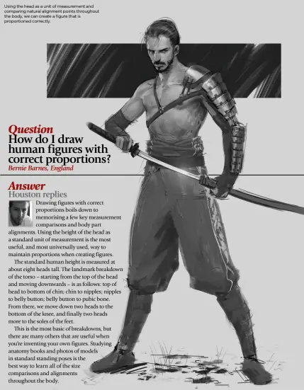  ??  ?? Using the head as a unit of measuremen­t and comparing natural alignment points throughout the body, we can create a figure that is proportion­ed correctly.