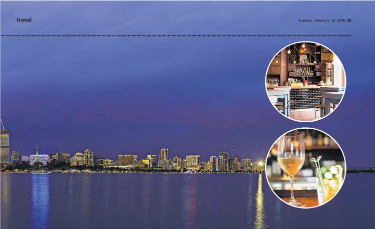  ?? Pictures / Neal Pritchard, Getty Images; Supplied ?? The cityscape is reflected in the Swan River; inset, top, Lot 20; bottom, The Mechanics Institute Bar.