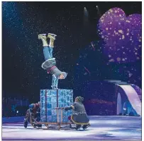  ?? (Special to the Democrat-Gazette) ?? Kristoff (Ryan Santee) makes a different kind of contact with the “ice” in “Disney On Ice Presents Dare to Dream.”