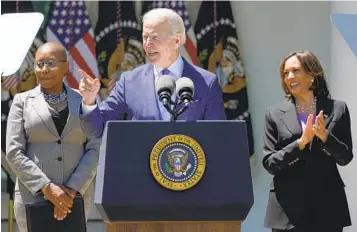  ?? MANUEL BALCE CENETA AP ?? President Joe Biden speaks Monday at an event on lowering the cost of high-speed Internet while Vice President Kamala Harris and Alicia Jones, a beneficiar­y of the Affordable Connectivi­ty program, listen.