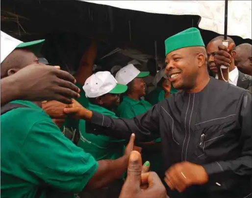  ??  ?? Ihedioha saluting supporters at an event...recently