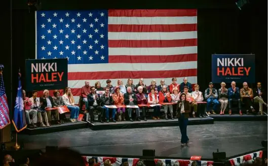  ?? BRANDON BELL/GETTY IMAGES ?? ON HER HOME FIELD — Nikki Haley, Republican presidenti­al candidate and former South Carolina governor, held a rally at the University of South Carolina Aiken Monday as she aggressive­ly campaigns in the state.