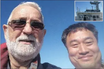  ??  ?? MASTER MARINER: Robert Brindle brought his last vessel, Cape Liberty, into Richards Bay harbour on Tuesday. He snapped this selfie with the ship’s captain, whose name he could not supply, to mark the occasion of his retirement.