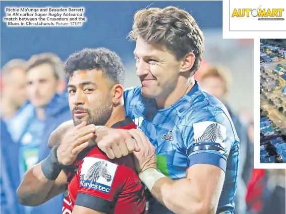  ?? Picture: STUFF ?? Richie Mo’unga and Beauden Barrett in AN earlier Super Rugby Aotearoa match between the Crusaders and the Blues in Christchur­ch.