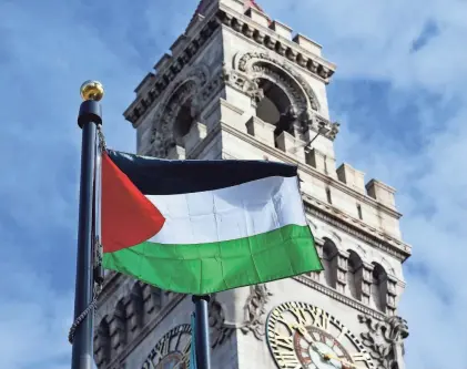  ?? ALLAN JUNG/TELEGRAM & GAZETTE ?? The Palestinia­n flag flies at Worcester City Hall in a file photo.