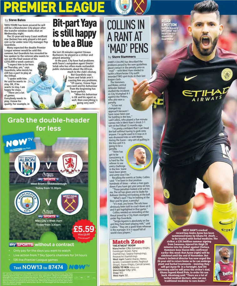  ??  ?? ROAR EMOTION Sergio Aguero will wear his heart on his sleeve for Guardiola