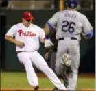  ?? TOM MIHALEK — THE ASSOCIATED PRESS ?? With the signing of Carlos Santana, Tommy Joseph, seen here against the Dodgers, falls to the No. 3 option at first base, and is likely to be included in a trade before the offseason comes to an end.