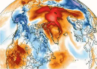  ?? IMAGE: CLIMATE REANALYZER ?? ‘‘It’s just wrong’’: This week’s unusual burst of heat in the Arctic.