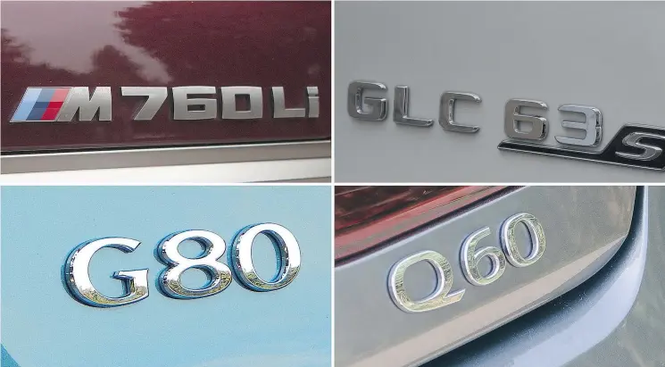  ??  ?? Clockwise from top left, the BMW M760Li xDrive, the Mercedes-Benz AMG GLC 63 S, the Infiniti Q60, and the Genesis G80, all of which combine numbers and initials.