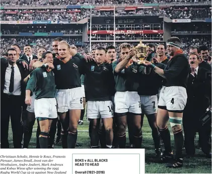  ??  ?? Christiaan Scholtz, Hennie le Roux, Francois Pienaar, James Small, Joost van der Westhuizen, Andre Joubert, Mark Andrews and Kobus Wiese after winning the 1995 Rugby World Cup 15-12 against New Zealand at Ellis Park in June 1995. Photos: Wessel Oosthuizen/Gallo Images