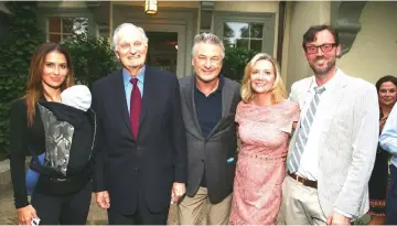  ?? — AFP photos ?? Hilaria Baldwin, Alda, HIFF co-chairman Alec Baldwin, executive director at Hamptons Internatio­nal Film Festival Anne Chaisson and artistic director at Hamptons Internatio­nal Film Festival David Nugent attend the Reception for Alan Alda at Baker House on Thursday in East Hampton, New York. (Left) Dick Cavett Award recipient Alda speaks onstage at ‘The Kindergart­en Teacher’ presentati­on at Guild Hall on Thursday.