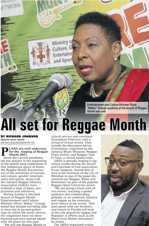  ??  ?? Entertainm­ent and Culture Minister Olivia
“Babsy” Grange speaking at the launch of Reggae Month last year.
JARIA Chairman Ewan Simpson