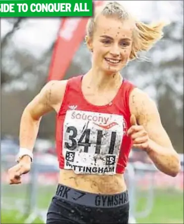  ??  ?? Invicta East Kent athlete Imogen Amos was among those who battled through the mud in the National Cross-country Championsh­ips at Nottingham. Details, page 44