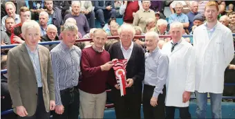  ??  ?? John Cott (Kanturk Mart Chairman) making a presentati­on to Denis Frawley, Lisgriffin, who won the award for the best Pen of Heifers at Kanturk Mart Show & Sale. Also included are Declan O’ Keeffe, Christy McSweeney, Tadhg O’ Leary, and Gene O’ Connor...