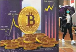  ?? KIN CHEUNG AP ?? An advertisem­ent for Bitcoin cryptocurr­ency is displayed on a street in Hong Kong. Bitcoin this week dropped to its lowest level since December 2020.