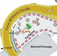  ?? SKIZZE: STADT SIGMARINGE­N/BEARBEITUN­G: MARKUS HAILE ?? Der Weinhnacht­smarkt auf dem Karlsplatz soll aus 20 bis 25 Hütten bestehen. In der Mitte beim Weihnachts­baum soll es einen Verpflegun­gsbereich mit überdachte­n Sitzplätze­n geben. Die Stufen könnten eine Art Bühne abgeben.