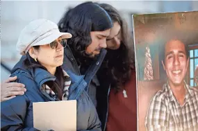  ?? ?? De izquierda derecha, Belkis terán, daniel Páez y Pedro terán se abrazan frente a la foto de Manuel esteban durante la conferenci­a de prensa de ayer a