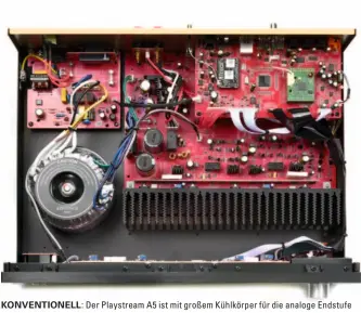  ??  ?? KONVENTION­ELL: Der Playstream A5 ist mit großem Kühlkörper für die analoge Endstufe ausgestatt­et. Für die Stromverso­rgung gibt es einen Ringkerntr­afo mit geringem Streufeld.