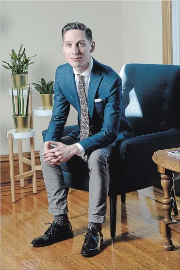  ?? PHOTOS BY SHERYL NADLER SPECIAL TO THE HAMILTON SPECTATOR ?? “I really love navy,” says Nicholas Mizera, sporting an indigo blue Indochino blazer over a white spread collar Eton shirt with a Splash micro-floral tie. His grey chinos are Ted Baker. “I don’t wear a lot of green or red. I tend to avoid those, aside...