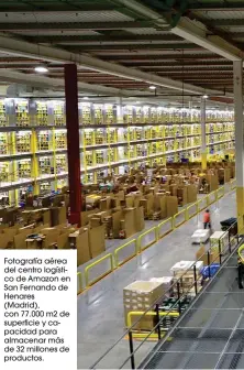  ??  ?? Fotografía aérea del centro logístico de Amazon en San Fernando de Henares (Madrid), con 77.000 m2 de superficie y capacidad para almacenar más de 32 millones de productos.