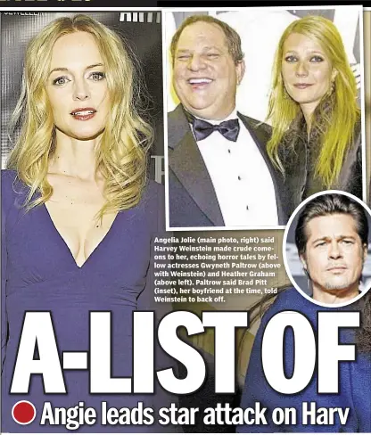  ??  ?? Angelia Jolie (main photo, right) said Harvey Weinstein made crude comeons to her, echoing horror tales by fellow actresses Gwyneth Paltrow (above with Weinstein) and Heather Graham (above left). Paltrow said Brad Pitt (inset), her boyfriend at the...