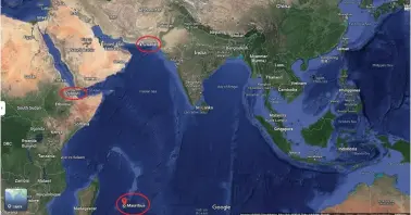  ?? ?? If China manages to build and operate its naval bases from Gwadar, Djibouti and Mauritius (circled in red), it will reach a position to control the entire Arabian Sea overlookin­g India’s western and southern borders.