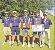  ?? Doug Bonjour / Hearst Connecticu­t Media ?? Immaculate won the Division IV golf championsh­ip at Tallwood Country Club in Hebron on Monday. Pictured are, from left, Logan MacLoon, Dan LeBlanc, Jack Woods, Nick Iannetta and Ryan Fanella.