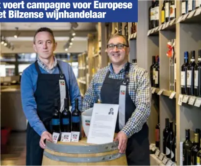  ?? FOTO TOM PALMAERS ?? Giovanni Gigliotti (rechts) en Kris Daenen, zaakvoerde­rs van Olio Vino in Bilzen. “Wij zijn de exclusieve verdelers van het wijnhuis Meone van de familie Verhofstad­t.”