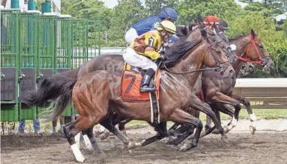  ?? PETER ACKERMAN/ASBURY PARK PRESS ?? Horses break out of the gate during the Monmouth Cup, ran as part of 2023 Haskell Stakes Day at Monmouth Park in Oceanport on July 22.