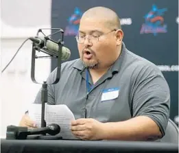  ??  ?? Marcelo Metzelar auditions for the in-game public-address announcer job for all Marlins 81 home games and special events.