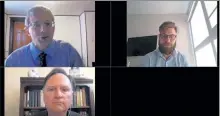  ?? AARON CURTIS / LOWELL SUN ?? Michael Graham, of InsideSour­ces, bottom left, hosted a virtual editorial board with Boston University's Michael Siegel, top left, and Ulrik Boesen, of the Tax Foundation, about vaping bans, legislatio­n and the public health and economic effects of those decisions.