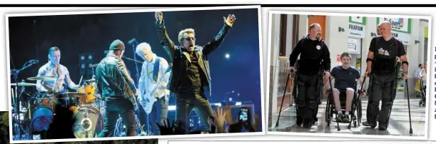  ??  ?? INSPIRED: Far left, U2 performing their Innocence + Experience tour – Bono invited Jack Kavanagh backstage for their LA concert. Right, Jack joins Dale Messenger from Gloucester and adventurer Mark Pollock from Co Down at the launch of the EKSO bionic...