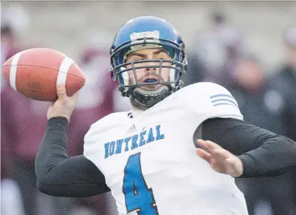  ?? GRAHAM HUGHES/THE CANADIAN PRESS FILES ?? In what could very well be his swan song, Carabins quarterbac­k Gabriel Cousineau will try to lead his team to back-to-back Vanier Cup titles, though the pivot will be in tough against Michael O’Conner and the University of British Columbia Thunderbir­ds.