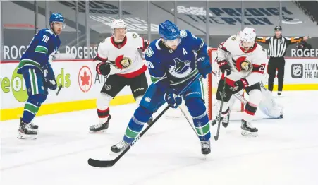  ?? BOB FRID/USA TODAY SPORTS FILES ?? Forwards Tanner Pearson, left, and Brandon Sutter, centre, have some value as trade bait, but both Canucks veterans in the final year of their contracts have some complicati­ng factors, starting with injury histories.