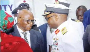  ?? ?? Rear Admiral Andrew Okoja(rtd), Chairman Mercury Maritime Concession Company discussing with the Chief of the Naval Staff, Vice Admiral Awwal Gambo, at the World Hydrograph­y Day held in Lagos