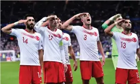  ??  ?? Mahmut Tekdemir, Burak Yilmaz, Merih Demiral and Umut Meras were among the Turkish players to salute the fans after their goal against France. Photograph: Aurélien Meunier/ Getty Images