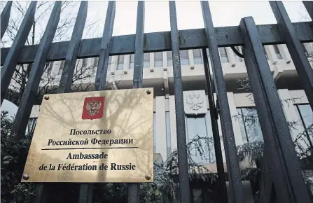  ?? CHRISTOPHE ENA THE ASSOCIATED PRESS ?? The Russian embassy is pictured in Paris on Monday. French authoritie­s have decided to expel four Russian diplomats by next week in a show of solidarity with Britain following the poisoning of a former spy.