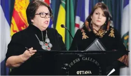  ??  ?? Claudette Dumont-Smith, left, of the Native Women of Canada and Dawn Harvard of the Native Women’s Associatio­n of Canada speak in Ottawa on Monday.