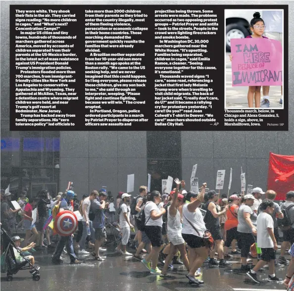  ?? Pictures / AP ?? Thousands march, below, in Chicago and Alexa Gonzalez, 5, holds a sign, above, in Marshallto­wn, Iowa.