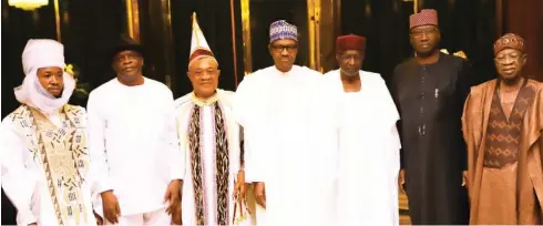  ?? Photo Felix Onigbinde ?? From left: Dr. (Sheikh) Ahmed Usman; The General Overseer, Our Sanctuary Gospel Church, Bishop Udo Azogu; Ofor the 9th of Umuofor Autonomous Community, His Royal Highness, Dr. Abdulfatah Chima Emetumah; President Muhammadu Buhari; Chief of Staff to the President, Mallam Abba Kyari; the SGF, Mr. Boss Mustapha; and Minister of Informatio­n, Alhaji Lai Mohammed, during an audience the president granted the paramount ruler of the Islamic Community of Ogwuta, at the State House in Abuja yesterday