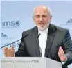  ?? — AFP ?? Iranian Foreign Minister Mohammad Javad Zarif gives a speech during the Munich Security Conference on Sunday.