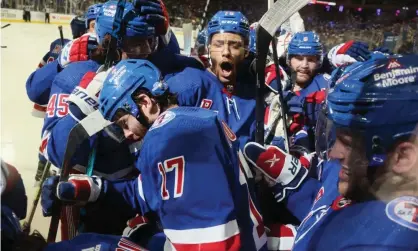  ?? ?? Artemi Panarin celebrates his game-winning goal for the New York Rangers against the Pittsburgh Penguins. Photograph: Bruce Bennett/ Getty Images