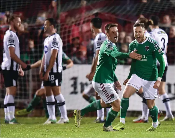  ??  ?? Kevin O’Connor of Cork City, right, celebrates with team-mate Dan Casey after scoring during the President’s Cupfinal against Dundalk at Turners Cross.