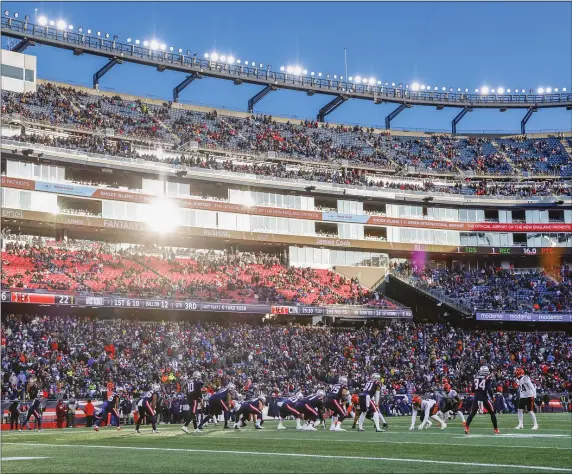  ?? GREG M. COOPER — THE ASSOCIATED PRESS ?? A general interior view of Gillette Stadium as the sun is reflected off the box windows during the second half of an NFL football game between the New England Patriots and the Cincinnati Bengals, Saturday, Dec. 24, 2022, in Foxboro.